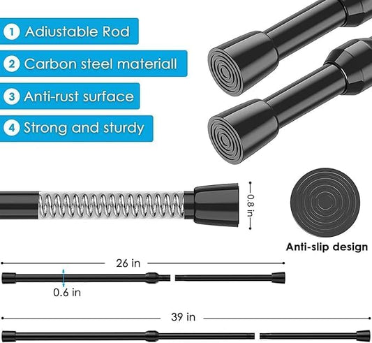 6Pcs Tension Curtain Rod 26-39 inch Spring Tension Rods Black Tension Rods Adjustable Spring Rod Extendable Tension Rod For K