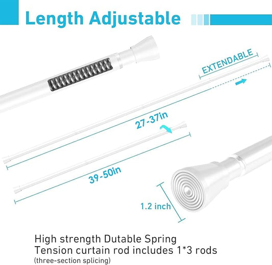 Tension Curtain Rod for Windows 27 to 50 Inch,Spring Tension Rods White Curtain Rods No Drilling Adjustable Spring Rod Extend