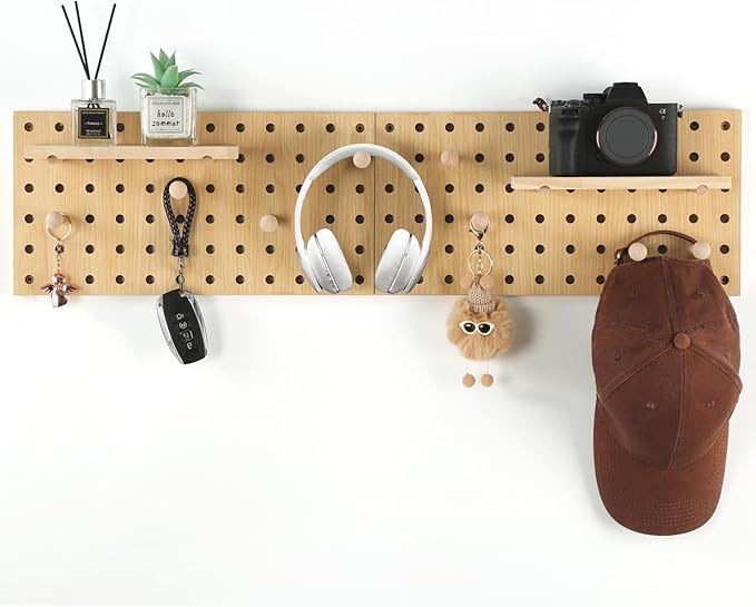 Beige Wood Pegboard Modular Display Wooden Pegboard Combination Wall Organizer Storage Wall Hooks Shelf for Home, Office, Bat