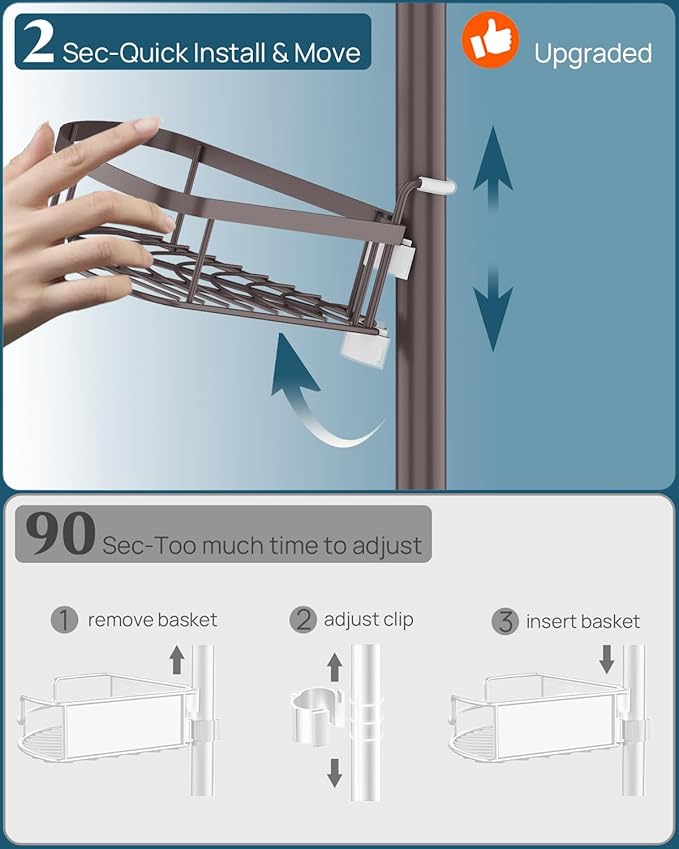 SEIRIONE Rustproof Shower Corner Caddy Organizer for Bathroom,Tension Pole with 4 Baskets, for Bathtub Storage Rack, 34 to 11