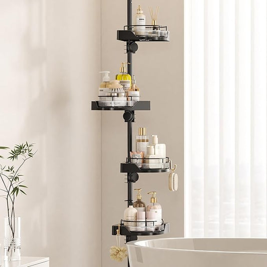 Shower Caddy Tension Pole with 4 L-Lazy Susan Organizer 360 Rotating 35-128 Inch No Drilling Floor Standing Shelves Adjustabl
