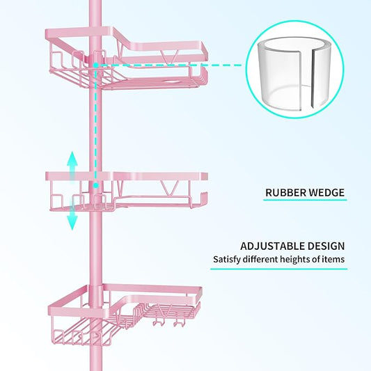 Corner Shower Caddy Tension Pole - Pink - Rustproof Adjustable Bathroom Organizer Shelf for Shampoo, 25–114.2 Inch Shower Rac