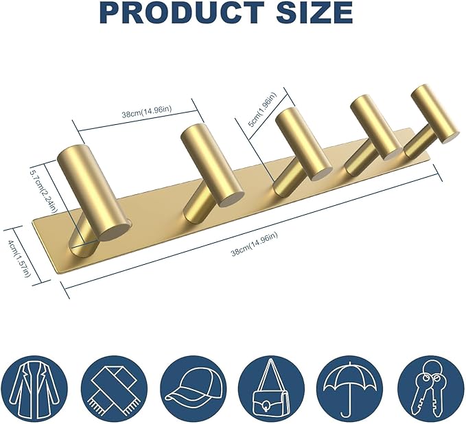 VAEHOLD Hat and Coat Wall Mount Rack - Hooks for Robes, Bags, Keys, and Towels - Bathroom Towel Hanger Organizer (Gold, “T“ S