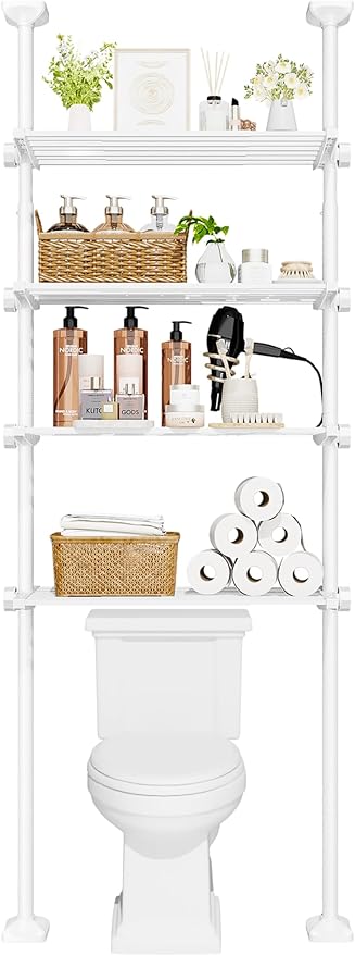 Bonpally Over The Toilet Storage Shelf, 4-Tier Adjustable Bathroom Organizer, No Drill Tension Mounted Shelves Metal, Space-S
