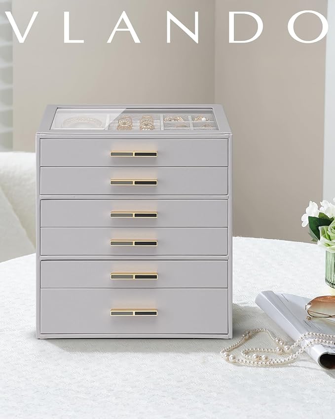 Vlando 6 Layer Jewelry Box for Women, Glass Lid Jewelry Organizer with 6 Drawers for Necklaces Rings Earrings Bracelets - Gre