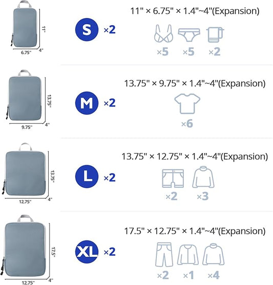 Compression Packing Cubes, 8 Set Packing Cubes for Travel Compression, Lightweight Compressible Package Organizer for Carry O