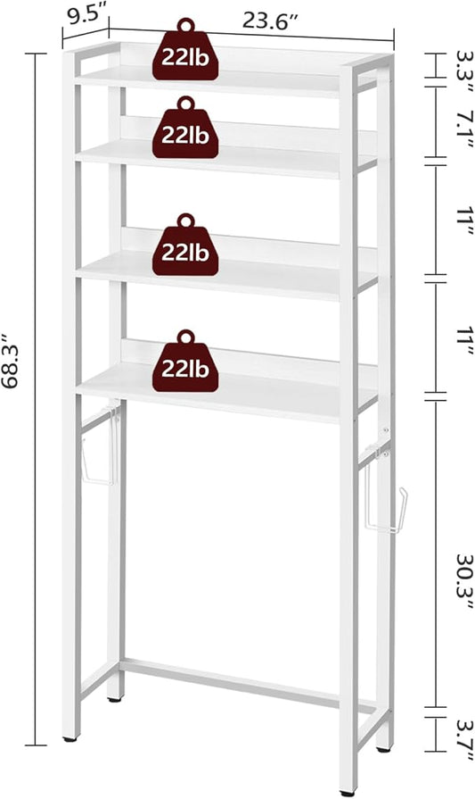 Over The Toilet Storage Rack, 4 Tier Bathroom Organizer Over Toilet, Freestanding Space Saver Toilet Stand with 2 Hooks, Bath