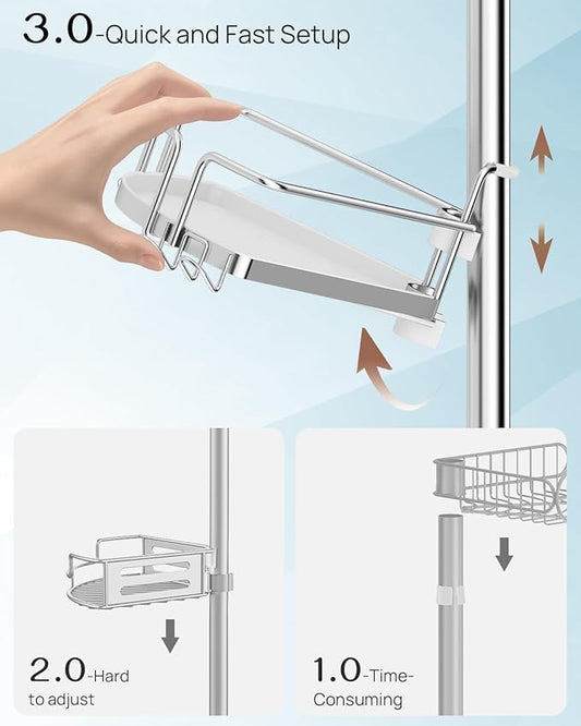 ALLZONE Corner Shower Caddy Tension Pole, 4 Repositionable Hang-On Baskets with Mixed-Height Shelves for Various Bottle Sizes