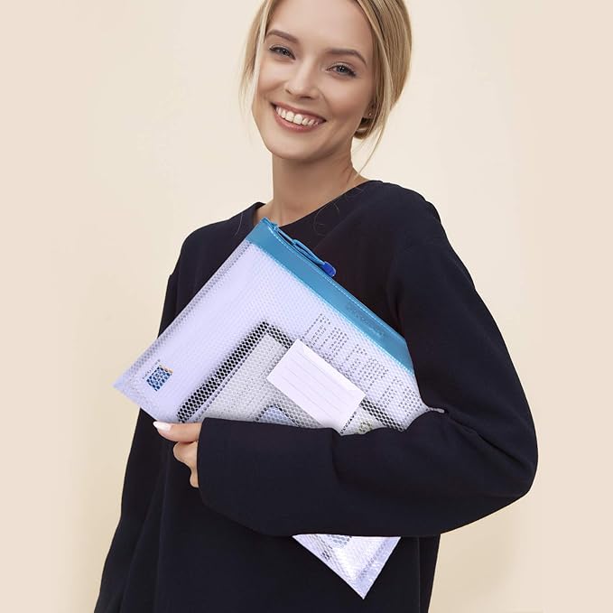 Wisdompro Zipper Pouch, 4 Packs Durable Letter Size Waterproof Mesh File Bag, Document Organizer - Blue