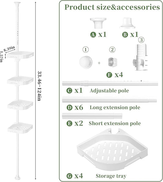 Tension Pole Shower Caddy Organizer with 4 Tier L-Shaped Rust Resistant Bathroom Corner Shelves with 34-124 Inch Adjustable N