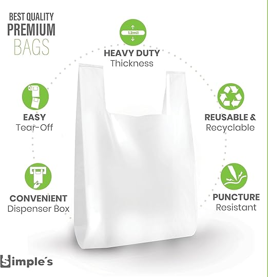 Simple's Plastic Shopping Bags In Bulk (12 Pack With 80 Bags Each) Heavy Duty Grocery bags with Handles For Business, T Shirt Bags, Bag Dispenser Roll - Measures 12"x7"x22", 1.2 Mil Thickness
