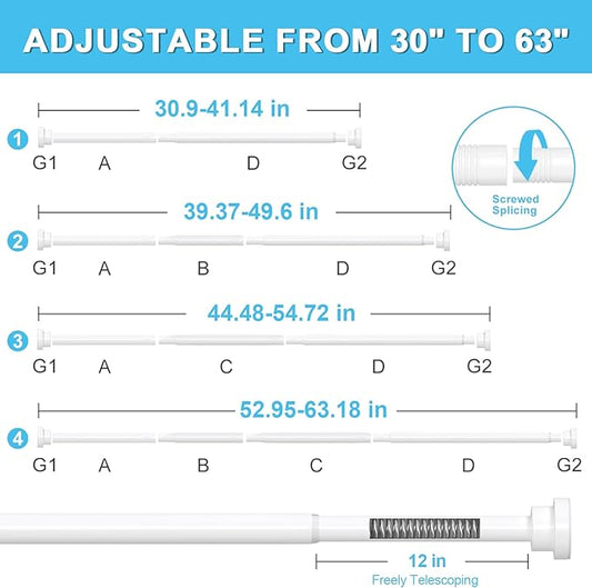 AIZESI White Tension Curtain Rod 30-63 Inch 1PCS, Non-slip Spring Curtain Rod For Windows, No-drilling Adjustable Tension Rod