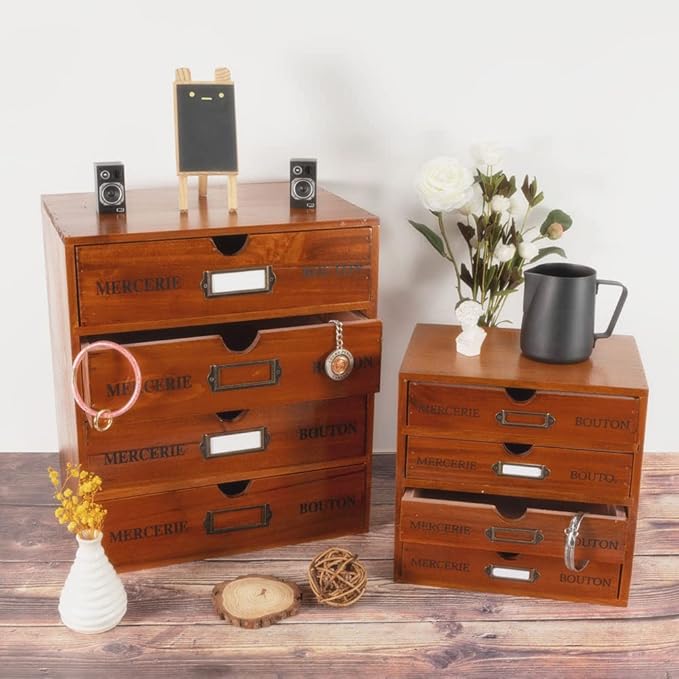 Wooden Storage Box with Drawers Vintage Office Supplies and Accessories Letter Tray Wood Desktop File Organizer 4 Tier Paper