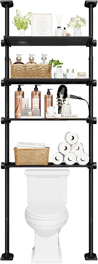 Bonpally Over The Toilet Storage Shelf, 4-Tier Adjustable Bathroom Organizer, No Drill Tension Mounted Shelves, Space-Saving