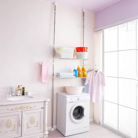 BAOYOUNI 2-Layer Expandable Laundry Shelf Over Washing Machine Storage Rack Tension Pole Space Saver Bathroom Organizer with