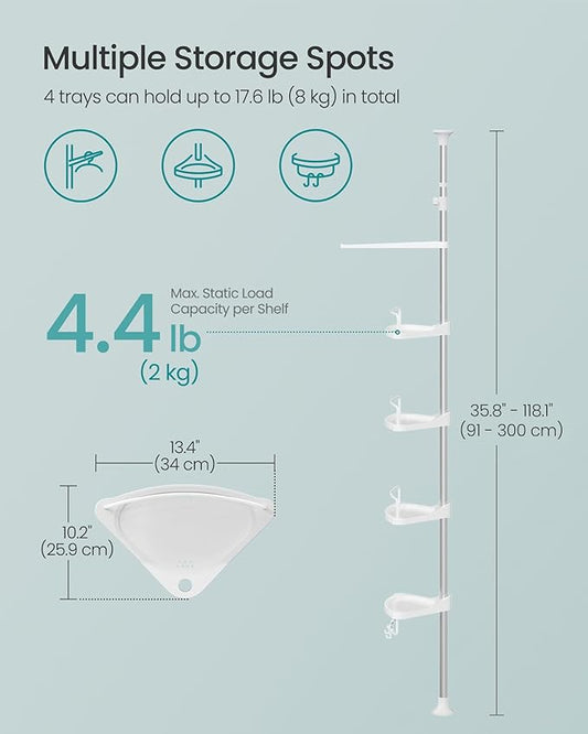 SONGMICS Corner Shower Caddy Tension Pole, 4-Tier Rust-Resistant Shower Organizer, Shower Shelf, Drill-Free, 35.8 to 118.1 In