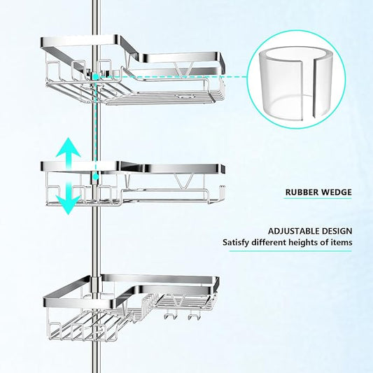 Corner Shower Caddy Tension Pole - Chrome Tension Rod Shower Caddy Adjustable Shampoo Holder for Bathroom/Bathtub/RV, Stainle