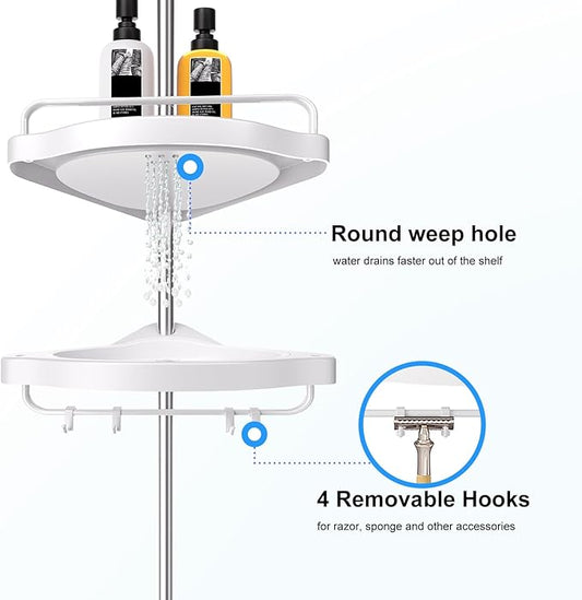 HAMITOR Corner Shower Caddy Tension Pole: Adjustable Stainless Steel Shower Organizer with 4 Tier Shelf for Bathroom Bathtub