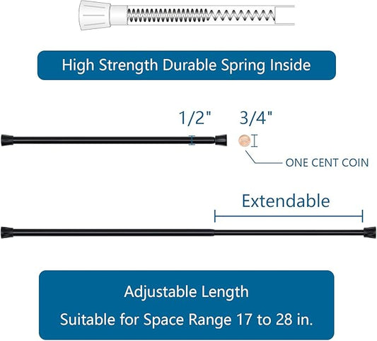 TYRON 6Pcs Spring Tension Curtain Rod 17 to 28 Inch, Black Adjustable Small Short Tension Rod No Drilling, Extendable Window