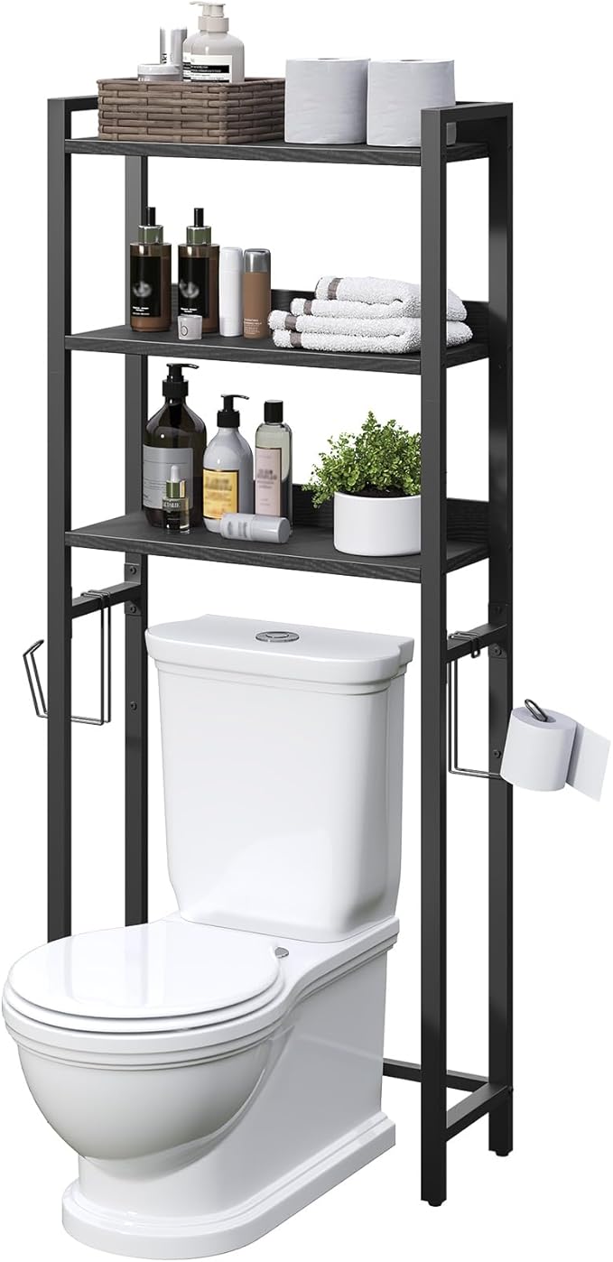 Over The Toilet Storage Rack, 3 Tier Bathroom Organizer Over Toilet, Freestanding Space Saver Toilet Stand with 2 Hooks, Bath