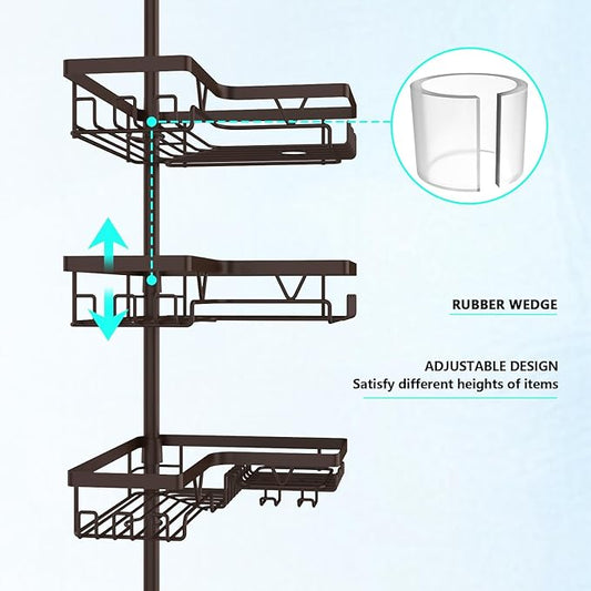 Corner Shower Caddy Tension Pole - Adjustable 4-Tier Shower Shelf Stainless Steel Corner Tension Rod Bathroom Organizer Shamp