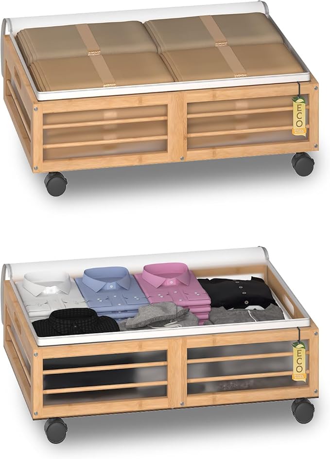 Bamboo Underbed Storage Containers with Wheels & Bag, Large Under Bed Rolling Storage Bins Wood Under Bed Clothes Storage Sta