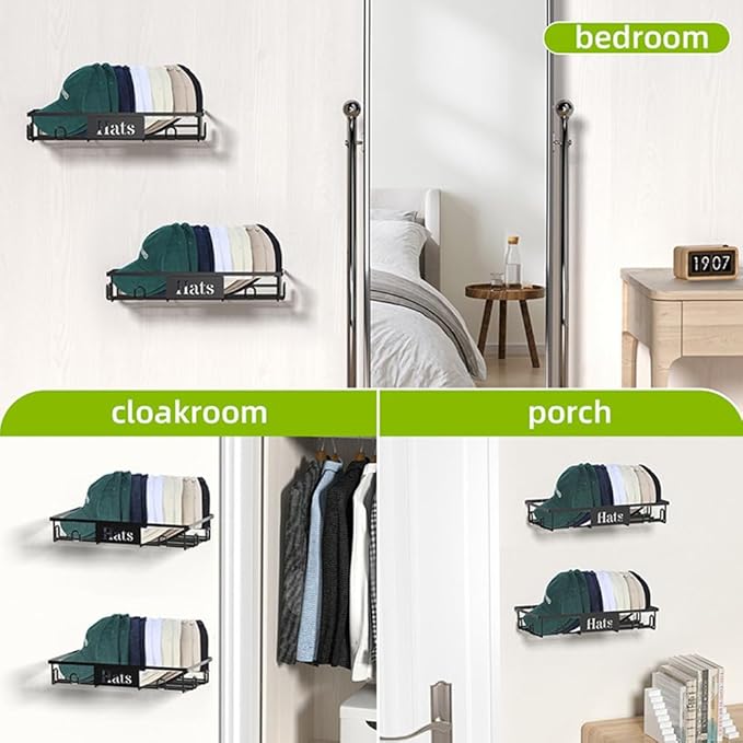 Metal Hat Rack for Wall, 2-Pack Hat Organizer for Baseball Caps Holds 20 Hats, Wall Mounted Hat Storage Holder Display, No Dr