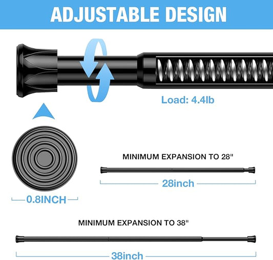6 Pack Spring Tension Rods 27-38 Inches,5/8" Diameter Black Spring Load Adjustable Expandable,Small Short Tension Curtain Rod