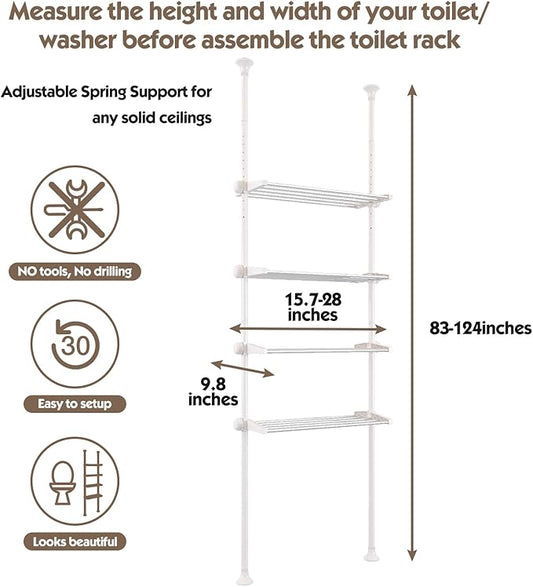YeYeBest Over The Toilet Storage, Bathroom Organizer 4-Tier Adjustable Shelves for Small Room, Saver Space, 91 to 124 Inch Ta