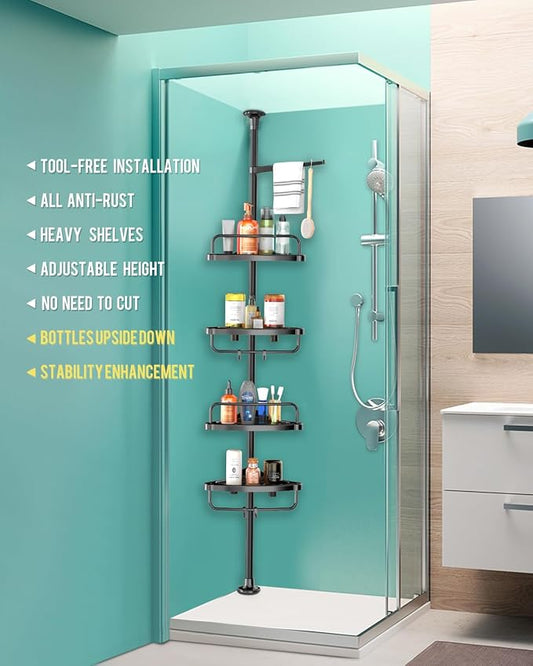ADOVEL 4 Layer Corner Shower Caddy, Stainless Steel Constant Tension Pole Shower Organizer, Adjustable Corner Shower Shelf, R