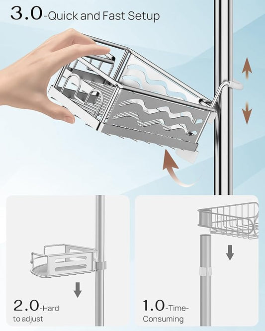 ALLZONE Corner Shower Caddy Tension Pole with 4 Repositionable Hang-On Baskets, Mixed-Height Shelves for Tall Bottles, 8 Dual