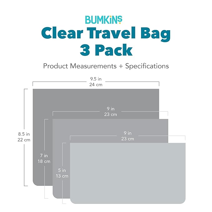 Bumkins Travel Bag, Toiletry, TSA Approved Pouch, Zip Bag, Quart Size Airline Compliant, Clear-Sided, Baby, Diaper Bag Organization, Makeup, Accessories, Carry On Packing, Set of 3 Sizes, Yoga Pals