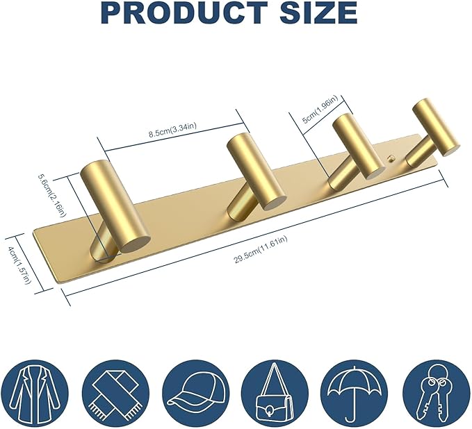 VAEHOLD Hat and Coat Wall Mount Rack - Hooks for Robes, Bags, Keys, and Towels - Bathroom Towel Hanger Organizer (Gold, “T“ S