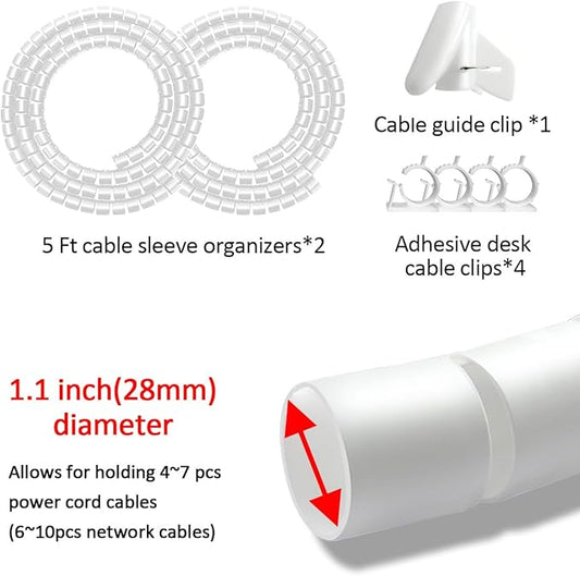 Large Cable Management White Computer Wire Sleeve Organizer Coiled Under Desk Tubes 2 PCS, 1.1 inch -5 ft EZ Spiral Cable Bundler Cover for TV Office, Pet Chew and Bite Proof Cable Protector