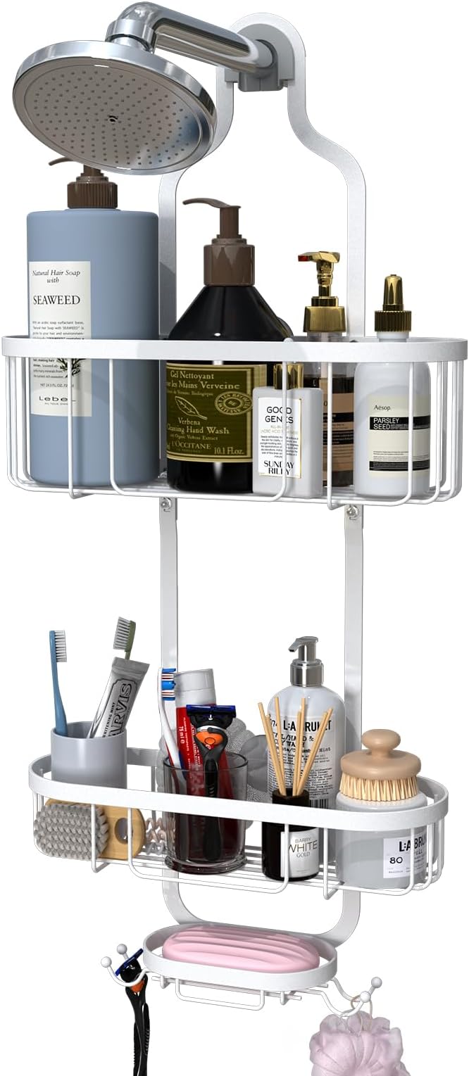Kadolina White Hanging Shower Caddy, 3-Tier Bathroom Organizer with Soap Dish, Rust Resistant, Quick Dry, Assembly Required