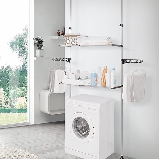 BAOYOUNI 2-Tier Adjustable Laundry Shelf Over The Toilet Washing Machine Storage Rack Tension Pole Bathroom Space Saver Organ