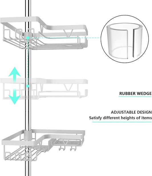 KEGII Corner Shower Caddy Tension Pole - 4-Tier Rustproof Bathroom Organizer, Floor to Ceiling Shower Caddy 25-114.2 inch, No