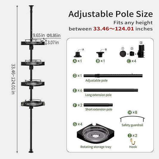 360° Rotating Corner Shower Caddy Tension Pole Organizer - 4-Tier Adjustable Rustproof Metal Pole, Plastic Shelves with Safet
