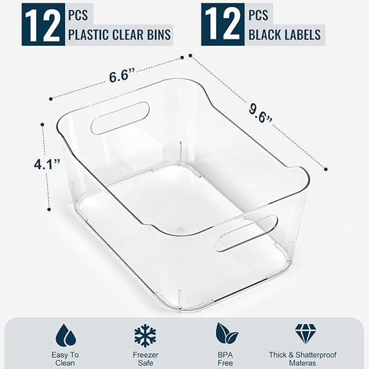 12 PACK Multi-Use Clear Plastic Storage Bins for Organizing w/ Labels - Home, Kitchen, Bathroom, Office, Pantry Cabinet Shelf