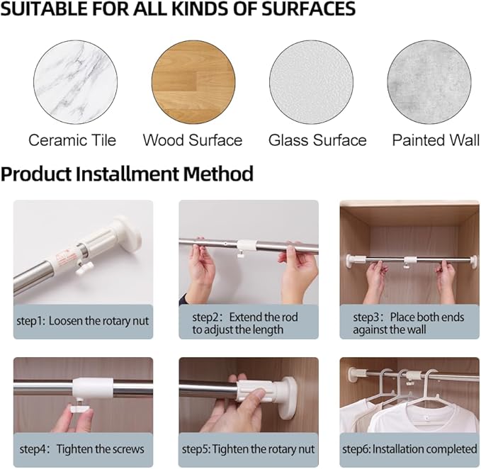 Closet Rod, Heavy-Duty Tension Rod 19.68 To 31.49 Inch, Adjustable Closet Rods for Hanging Clothes, Rust-Resistant Tension Ba