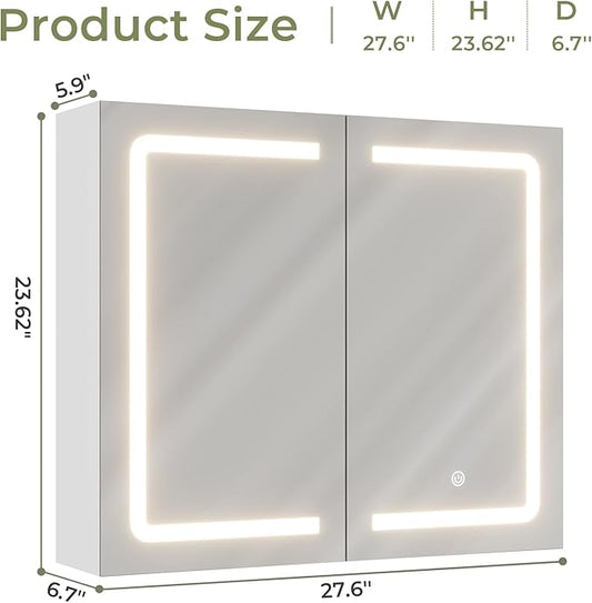DICTAC Bathroom Medicine Cabinet with Mirrors and Led Lights 27.6x23.62 inch Double Doors Wall Mounted Mirror Cabinet with St