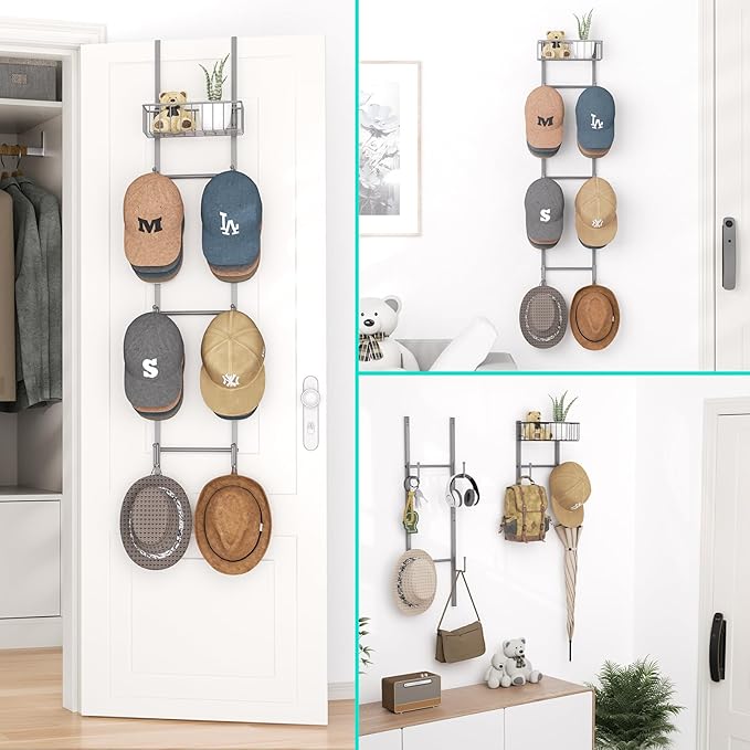HapiRm Over Door Hat Rack - 2 Packs Wall Mounted Hat Holder with 6 Hooks and Metal Basket Design, Baseball Cap Organizer Stor