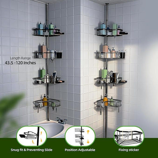 Corner Shower Caddy Tension Pole, 4 Tier Rust-Resistant Adjustable Bathroom Organizer Shelves, Bathtub Storage Rack with Soap