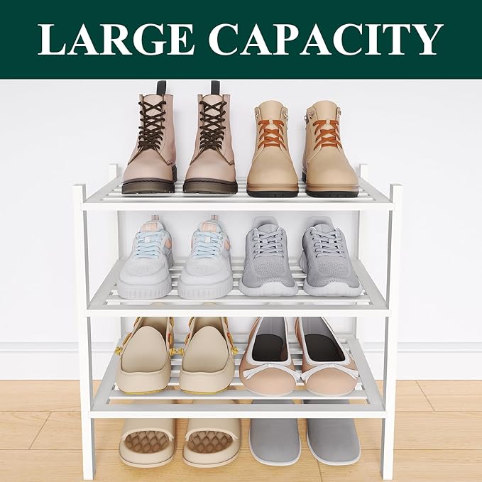 Smiry Small Bamboo Shoe Rack 3-Tier, Stackable Wooden Shoe Organizer for Entryway & Closet, Free Standing Wood Shoe Storage S
