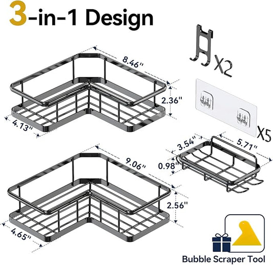 YASONIC Shower Caddy Corner, 3-Pack Adhesive Rustproof Stainless Steel Shower Shelves with Soap Holder, No Drilling Shower Or