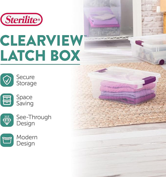 Sterilite 48-Pack 15 Quart ClearView Latch Box, Stackable Organizer Bins with Latching Lids - Clear Plastic Organization Cont