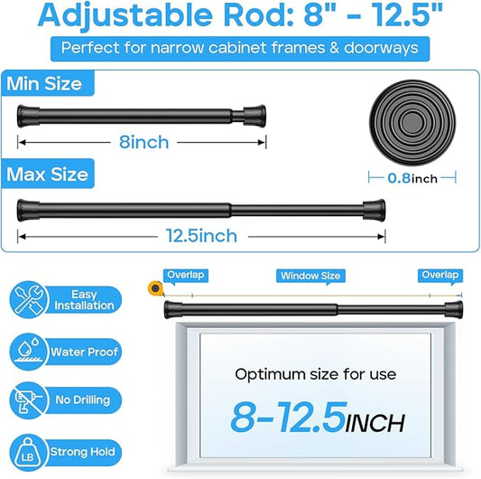 4pack Short Tension Curtain Rod 8 to 12.5 Inch,Spring Tension Rods Black Curtain Rods Adjustable Spring Rod Mini DIY Tension