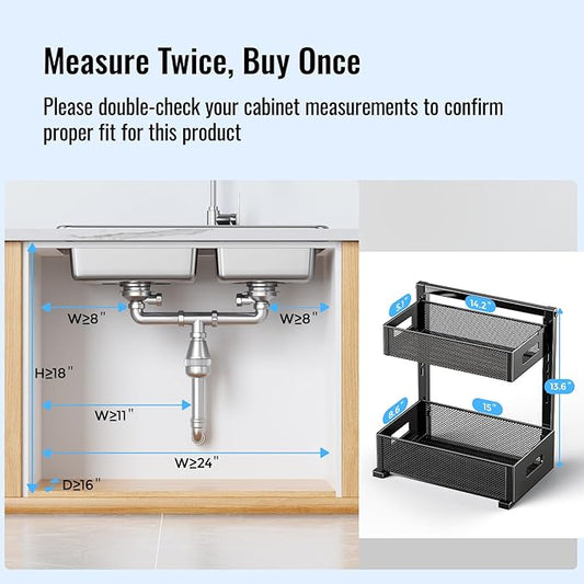 Under Sink Organizer, Silk-Smooth Metal Sliding Drawer Organizers and Storage Rack, Pull Out Cabinet Shelf for Kitchen, Bathr