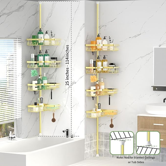 Shower Caddy Tension Pole with 2 Soap Holders, Adjustable Corner Shower Caddy, Gold Finish, Expandable 25-114.2 Inches for Ba