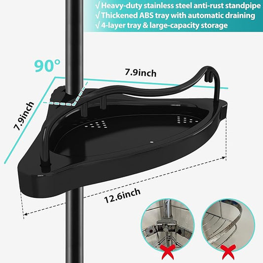 Corner Shower Caddy, 39-125 Inch Adjustable Height With ABS Shelves, Drill Free Organizer, 4 Layer Rustproof Metal Tension Po